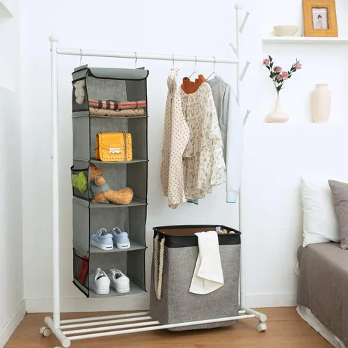 Miniatura 4 de BrilliantJo Organizador colgante de armario con 5 estantes, 2 unidades de almacenamiento colgante con 6 bolsillos laterales para bolsas de ropa, 43