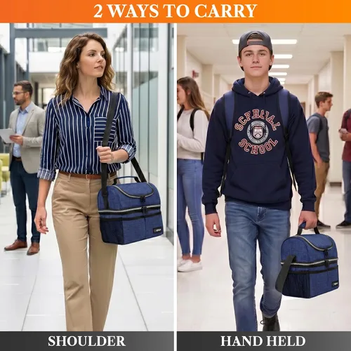 Miniatura 6 de OPUX Lonchera para hombres y mujeres, lonchera grande aislada para adultos, trabajo, doble lonchera de dos niveles, preparación de comidas, Azul