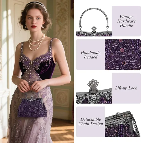 Miniatura 3 de Bolso de mano de Selighting, con cuentas, estilo de los años 1920, para mujer, formal, para novia, de boda, de graduación, elegante, para fiesta