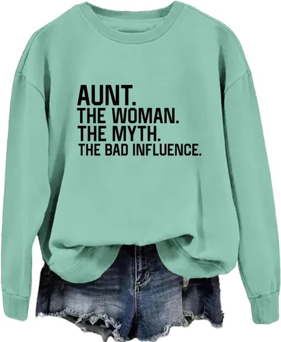 ZHANGLM Funny Aunt Sweatshirt Womens The Woman The Myth The Bad Influence Letter Print Shirt Casual Long Sleeve Crewneck Tops
