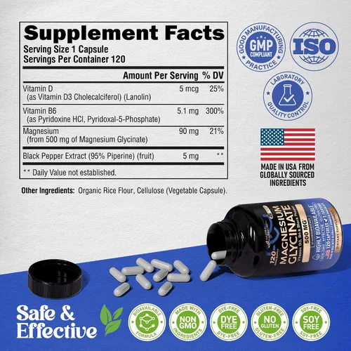 Miniatura 9 de Glicinato de magnesio 500 mg – Suplemento quelatado – Forma de alta absorción de magnesio – Apoyo para el sueño, la salud muscular y cardíaca