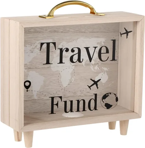 Vesici Caja de fondos de viaje para adultos, caja de ahorro de dinero, maleta decorativa de vacaciones, banco de monedas de madera para bodas de