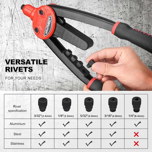 Miniatura 6 de HAUTMEC Remachadora con diseño automático de rebote que ahorra mano de obra, herramienta de remache de 13" con 5 boquillas intercambiables sin