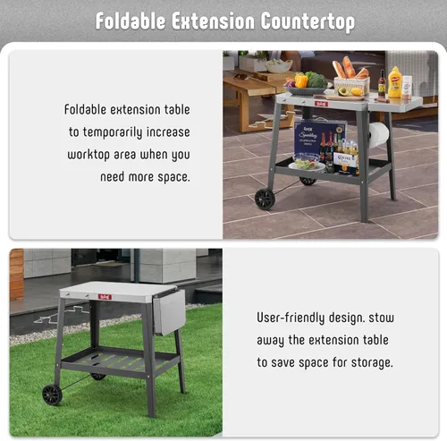 Miniatura 5 de Feasto Carro de Parrilla al Aire Libre, Mesa con Horno de Pizza con Ruedas, Encimera de Acero Inoxidable con Mesa Extensible Plegable, Carro de Negro