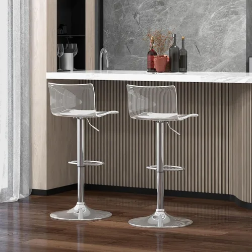 Miniatura 2 de Brage Living Taburetes de bar de acrílico con respaldo medio, juego de 2, taburetes de bar giratorios ajustables transparentes, sillas de bar