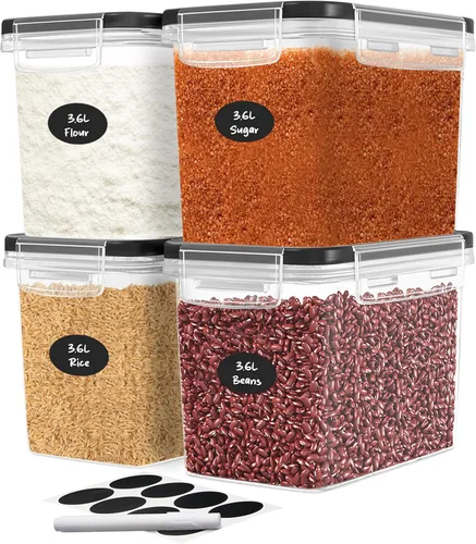 DWËLLZA KITCHEN Juego de 4 recipientes de almacenamiento de harina y azúcar, recipientes herméticos de plástico de 3.6 L con tapas para organización