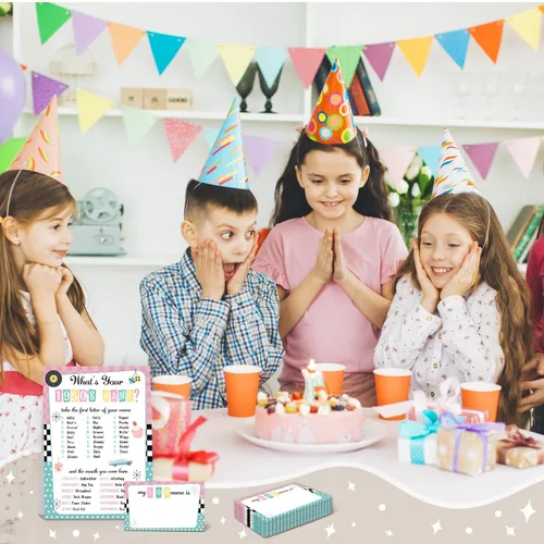 Miniatura 6 de ¿Cuál es tu nombre de los años 50 Juego, 1 señal de doble cara y 30 tarjetas adhesivas, Juegos de fiesta de cumpleaños retro para niños y adultos
