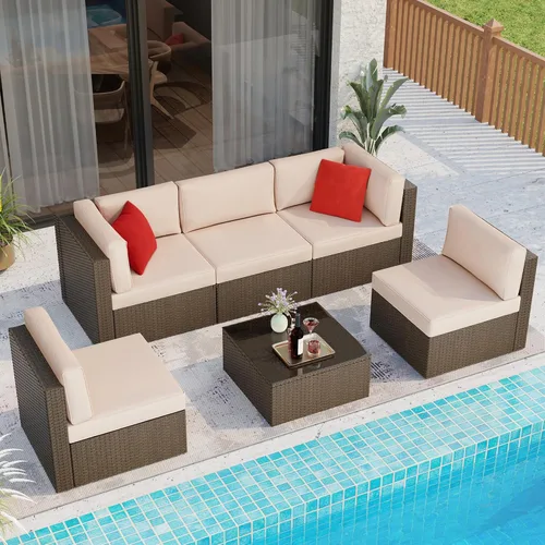 Shintenchi Juego de muebles de patio de 6 piezas para exteriores para todo tipo de clima, juego de sofá seccional de ratán de polietileno, juego de