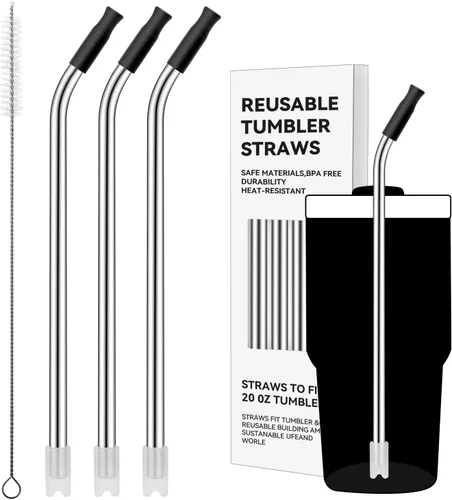 Miniatura 61 de Pajitas de metal rectas para vaso Stanley de 40 onzas, paquete de 3 popotes reutilizables de acero inoxidable con puntas de silicona y cepillo Gris