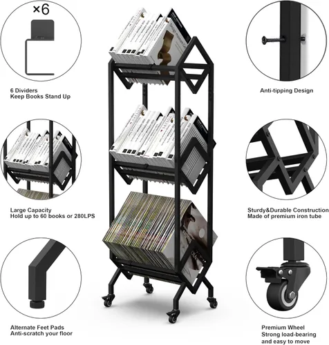 Miniatura 3 de VENNQD Estantería de metal industrial para libros, soporte de 3 niveles con ruedas, diseño moderno y elegante, revistas, archivos, álbum de recetas