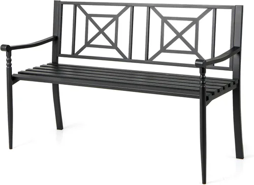 Giantex Banco de metal para exteriores con respaldo, reposabrazos curvos, almohadillas antideslizantes, asiento de listones para 2-3 personas, carga