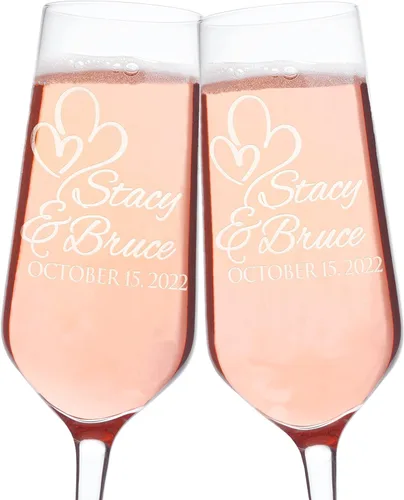Miniatura 12 de Juego de 2 copas de champán personalizadas para boda, copas de champán personalizadas para nombres de novios y citas con hojas y corazón, Mr Mrs