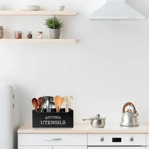 Miniatura 2 de Soporte para utensilios de cocina de madera, extra grande, 4 compartimentos, con parte inferior de drenaje para encimera, organizador