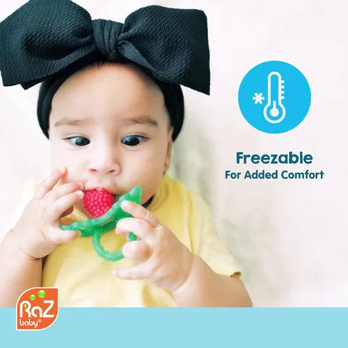 Miniatura 7 de RaZbaby RaZberry - Mordedor de silicona y chupete para alivio de la dentición en bebés, grado alimenticio, libre de BPA, diseño manos libres