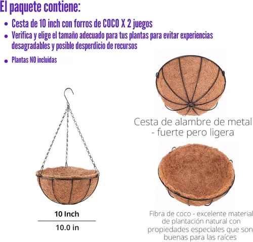 Miniatura 2 de LaLaGreen - Cestas colgantes para exteriores (paquete de 2, 10 pulgadas) jardinera colgante con forro de coco, soporte redondo de alambre de metal