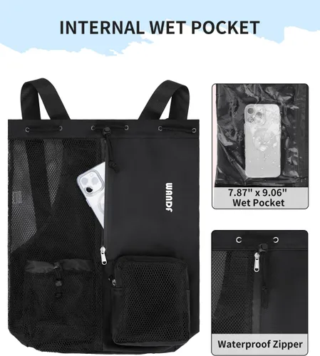 Miniatura 3 de WANDF Mochila de Malla con Cordón para Natación, con Bolsillo para Artículos Húmedos, para Natación, Gimnasio y Equipo de Entrenamiento Negro