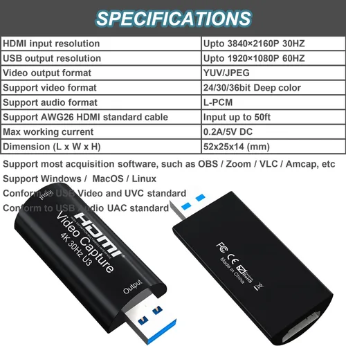 Miniatura 2 de Tarjeta de captura de video 4K HDMI a USB 3.0 1080P 60FPS Cam Link Tarjeta de captura de juegos Adaptador de tarjeta de captura de pantalla