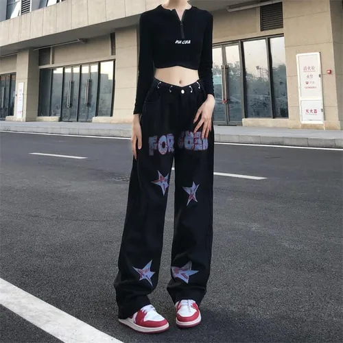 Miniatura 5 de CYee Jeans de cintura alta para mujer, pantalones altos con estampado de estrellas, pantalones Grunge, pantalones holgados y estéticos para la calle