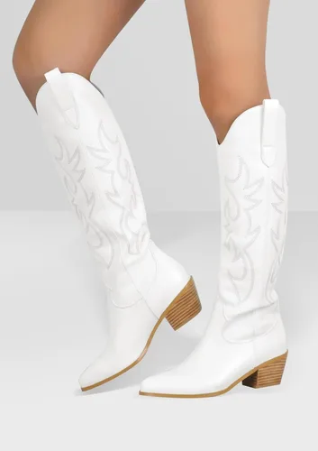 Miniatura 2 de STALOV Botas vaqueras para mujer, botas de tacón grueso hasta la rodilla, botas vaqueras con punta occidental, botas bordadas de gamuza