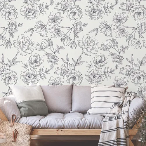 CHIHUT Papel tapiz vintage de 17.7 x 100 pulgadas, autoadhesivo, extraíble, para dormitorio, sala de estar, papel de contacto floral blanco y negro