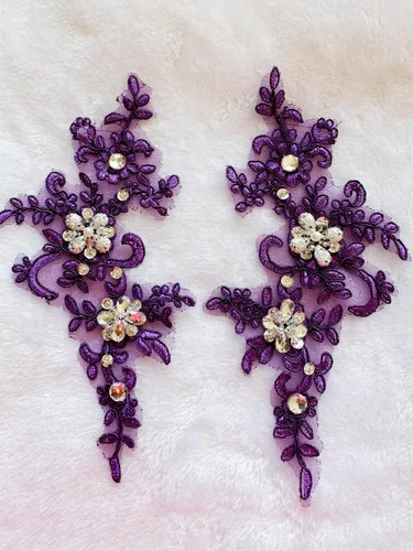 Miniatura 8 de Parches de tela de encaje fino bordados con diamantes de imitación bordados, decoración de vestido para coser en lentejuelas cuentas, accesorio