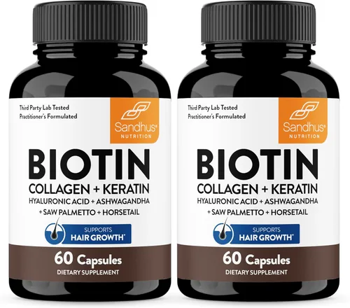 Miniatura 11 de Sandhu's Complejo de biotina, colágeno y queratina Apoya el ciclo normal de crecimiento del cabello Vitaminas para la piel y las uñas