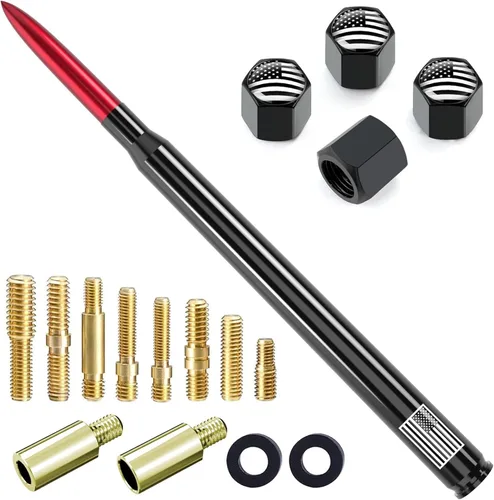 Miniatura 17 de Antena de camión para automóvil con tapas de válvula de neumáticos, bandera estadounidense, repuesto corto universal para GMC Sierra, Chevy, Negro