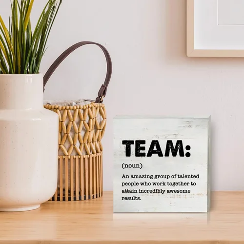 Miniatura 5 de Placa de madera con definición de equipo en caja de madera. Decoración rústica con cita de equipo. Placa de madera en bloque para pared, mesa