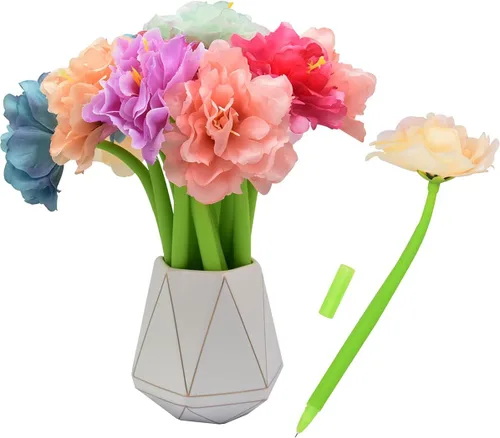 Miniatura 15 de 12 bolígrafos creativos de tinta de gel con flores artificiales, color negro líquido, tinta de gel de 0.020 in, para niñas y mujeres, suministros
