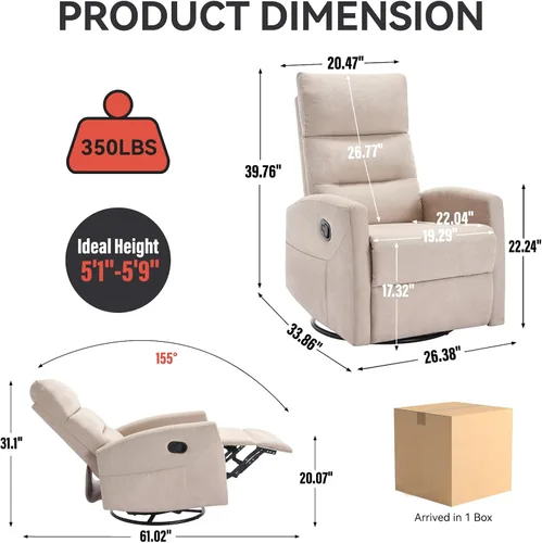 Miniatura 3 de PELUMY Silla reclinable manual, giratoria de 360° y sillón reclinable balancín con reclinable de 155°, sillón reclinable de tela compacta para Beige