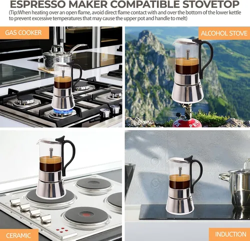 Miniatura 5 de Olla de vidrio transparente para 4 tazas, 7.4 fl oz, cafetera de acero inoxidable, sin recubrimiento, cafetera de café expreso, estilo italiano