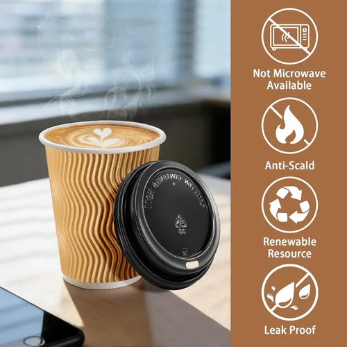 Miniatura 4 de Lamosi Tazas de café desechables de 8 onzas con tapas, paquete de 50 tazas de papel con aislamiento para llevar, con tapas y popotes, taza de pared