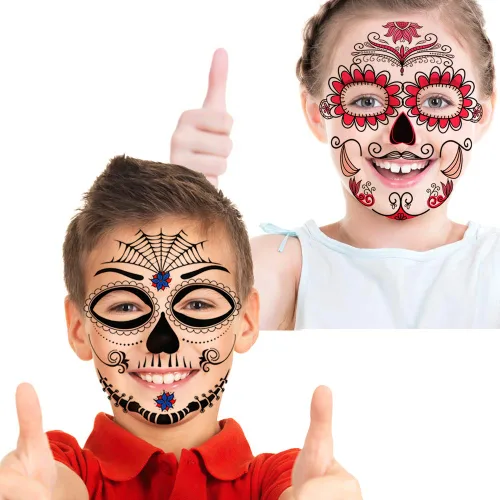 Miniatura 5 de Tatuajes faciales temporales de Halloween (paquete de 8 unidades), Konsait Día de los Muertos, calavera de azúcar, floral, negro, esqueleto, red