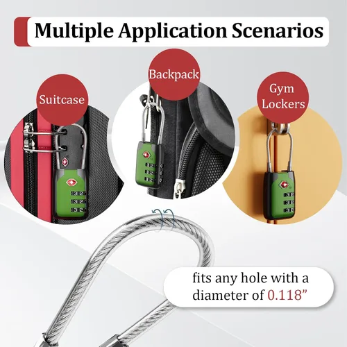 Miniatura 7 de Joyway Candado de equipaje aprobado por la TSA, candado de cable de combinación de 3 dígitos con cuerpo de aleación, cerraduras de combinación