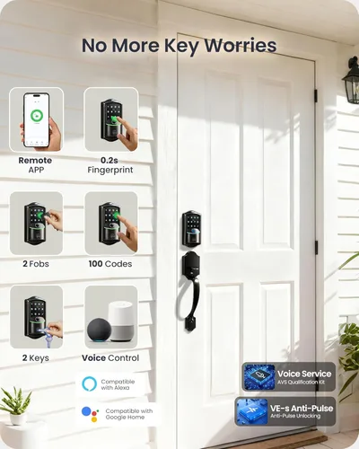 Miniatura 3 de Veise VE027-H - Cerradura inteligente de huella digital Wi-Fi integrada con manija, control remoto de aplicación y control de voz, juego de Negro