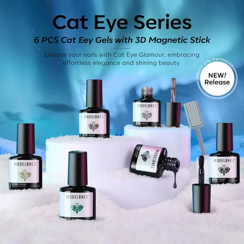 Miniatura 8 de modelones - Juego de 6 esmaltes en gel con efecto de ojo de gato cristalino, holográfico 9D, brillantina, negro, azul, morado, verde, con imán