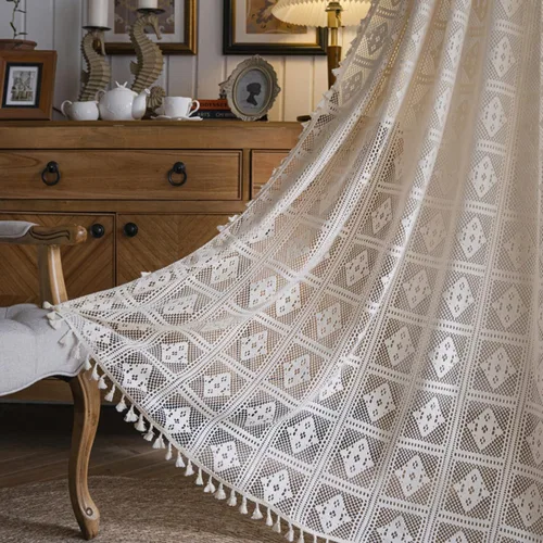 Miniatura 4 de Bringsine - Cortinas de crochet bohemias de algodón para sala de estar, cortinas de ventana para dormitorio con oscurecimiento, cortina