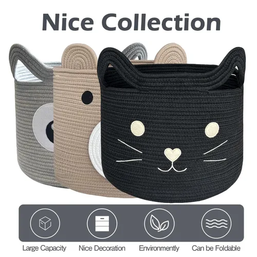 Miniatura 8 de VK VK·LIVING Cesta Grande de Juguetes para Gatos con Asas 15" L x 14" H Caja de Juguetes de Cuerda de Algodón con Diseño de Gato Negro, Cesta