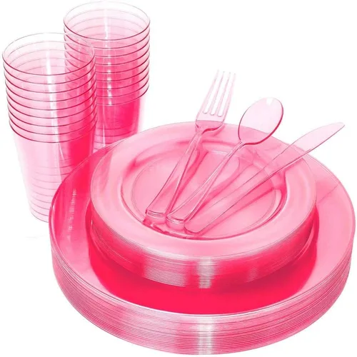 WDF 25 platos de color rosa para invitados con cubiertos de plástico rosa y vasos rosados. La vajilla desechable transparente neón incluye 50