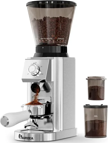 IAGREEA Molinillo de café con rebabas cónicas, 48 ajustes de molienda, antiestático de baja velocidad de 450 RPM, temporizador de precisión, soporte