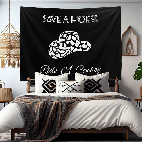 Miniatura 4 de TUGCAY Save A Horse Ride A Cowboy - Tapiz negro divertido con sombrero occidental, tapices para colgar en la pared para dormitorio, dormitorio