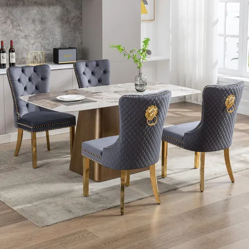 Miniatura 2 de KCC Juego de 4 sillas de comedor tapizadas de terciopelo, modernas sillas capitoné con botones con anillo de cabeza de león y patas de acero Gris