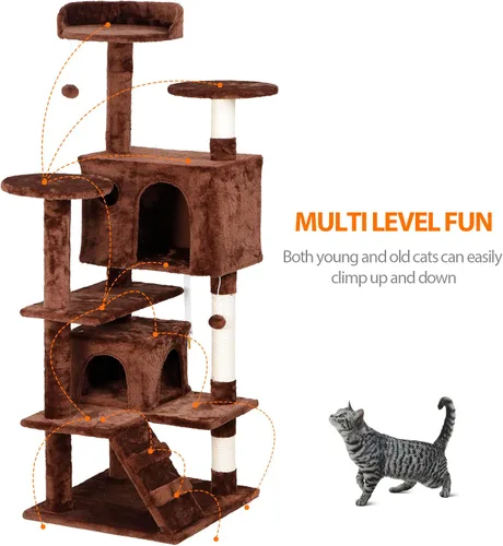 Miniatura 5 de ZENY - Árbol para gatos 53‘‘ , con postes de sisal y 2 habitaciones de peluche, muebles para gatos Marrón