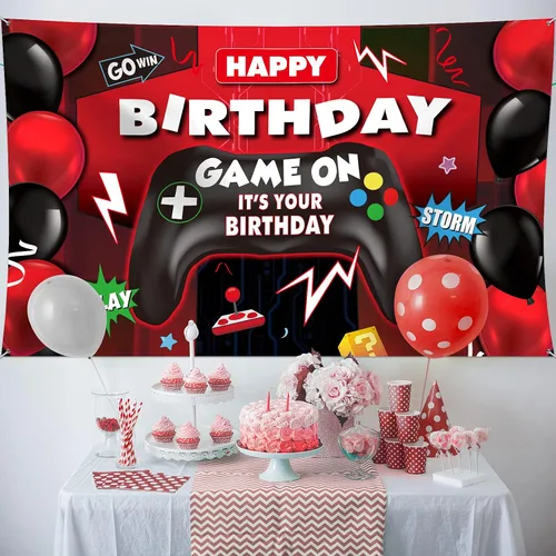 Miniatura 2 de Sumind Telón de fondo de videojuegos de feliz cumpleaños, decoración de fiesta de videojuegos, telón de fondo de cumpleaños para niños, fondo