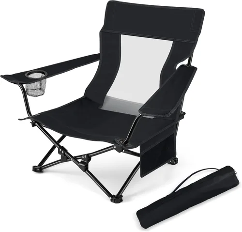 HaSteeL Silla de playa plegable, sillas de camping negras plegables para exteriores, silla de playa baja portátil para adultos, pesca, picnic,