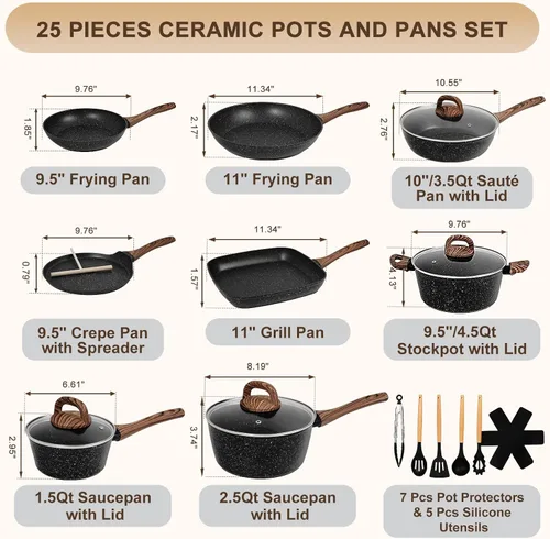 Miniatura 2 de EWFEN Juego de ollas y sartenes antiadherentes, juego de utensilios de cocina de cerámica de 25 piezas, juego de cocina de inducción con sartenes