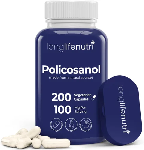 LongLifeNutri Policosanol 100 mg - 200 cápsulas vegetarianas, suplemento natural de caña de azúcar para colesterol equilibrado, suministro de 3