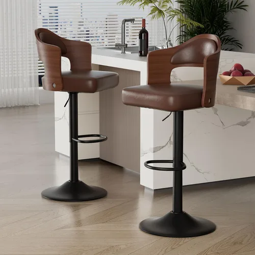 Miniatura 16 de Juego de 2 taburetes de bar giratorios, taburetes de bar de madera tapizados en cuero PU con respaldo y reposapiés, asiento de altura ajustable
