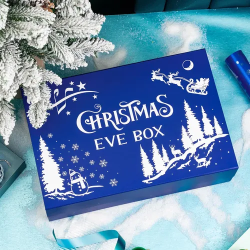 Miniatura 6 de WRAPAHOLIC 1 caja de regalo de Navidad con tapa, 13.3 x 9 x 4 pulgadas, caja de Navidad azul y blanca, diseño de letras, cajas de regalo plegables