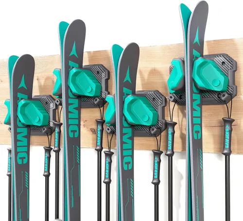 Miniatura 22 de Estante de pared de esquí y snowboard para garaje, se adapta a cualquier tabla, soportes de montaje en pared, almacenamiento sin daños, organizador